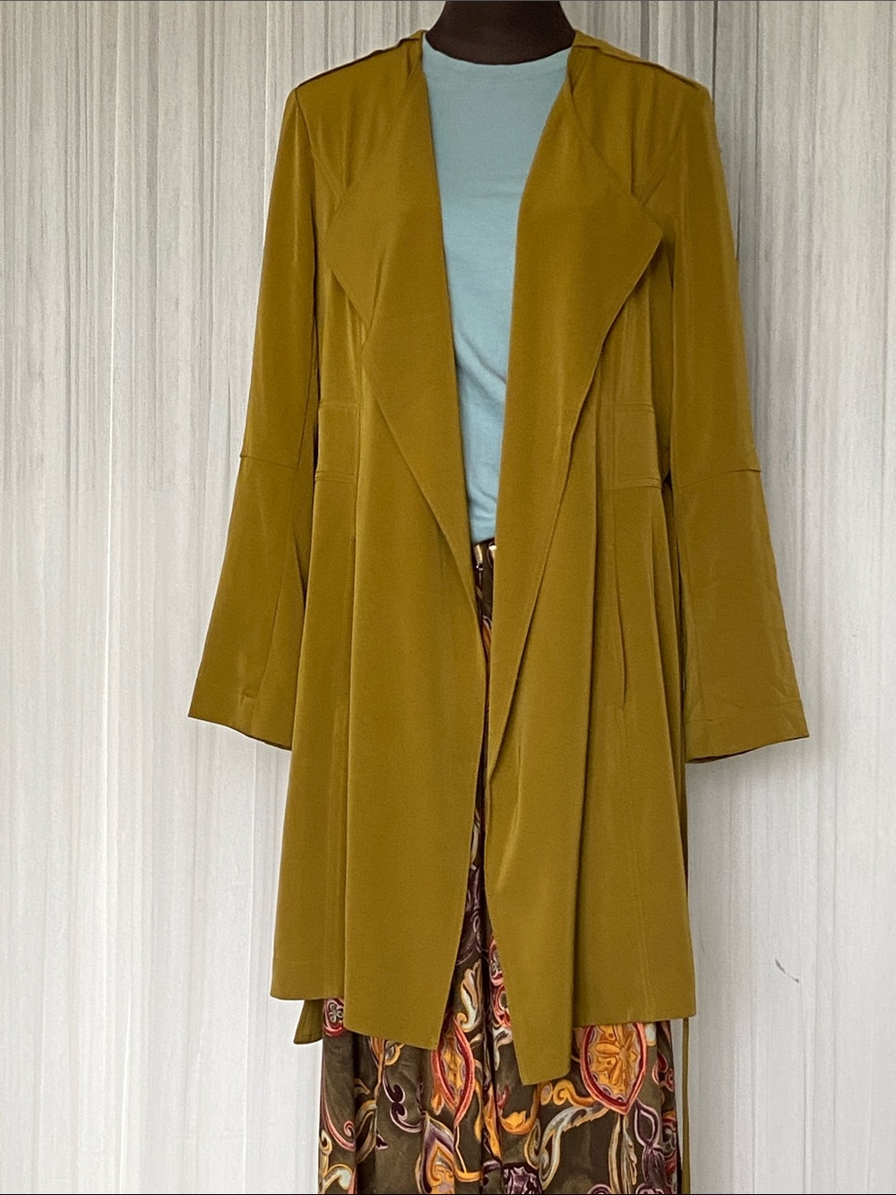 500 Maison Cinqcent Olive/Chartreuse  Green Draped Longline Open Front  Trench